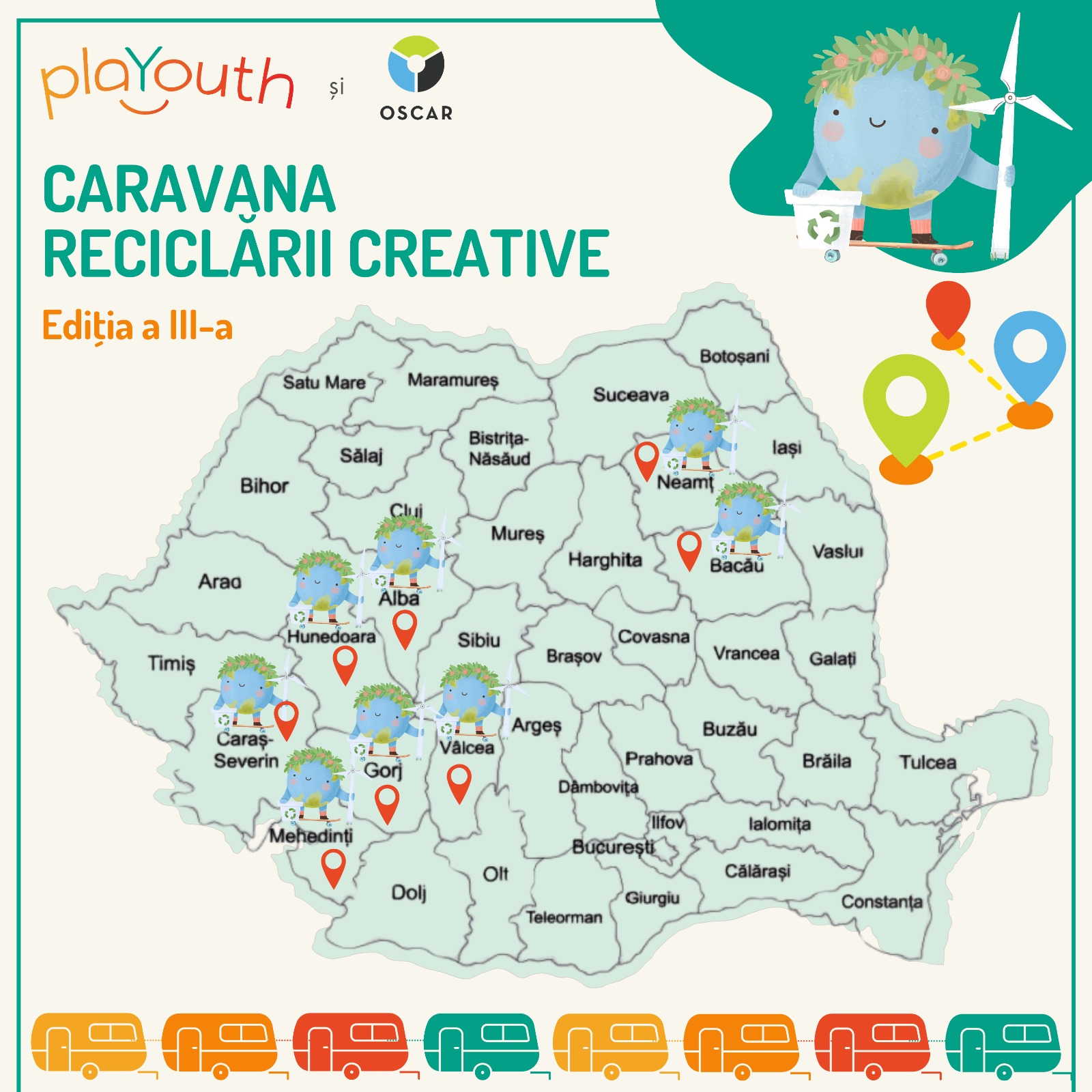 Caravana Reciclării Creative pornește la drum în Ediția a III-a și ajunge în 8 județe noi: Hunedoara, Caraș-Severin, Mehedinți, Gorj, Alba, Vâlcea, Neamț și Bacău!